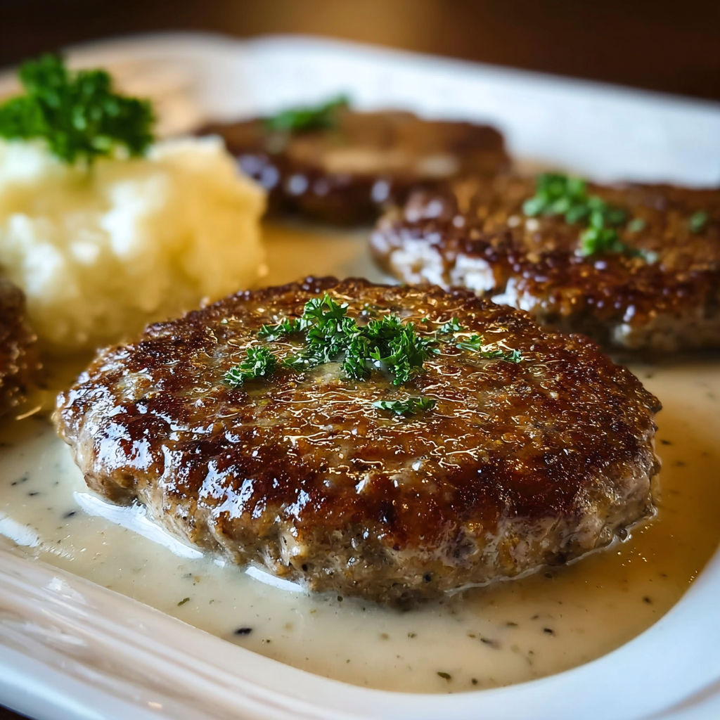 Hamburger steak bake with mashed potatoes and green onions.