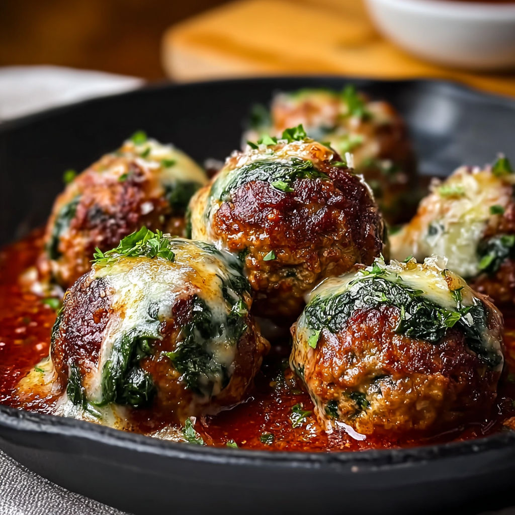 A plate of meatballs with spinach and garlic.
