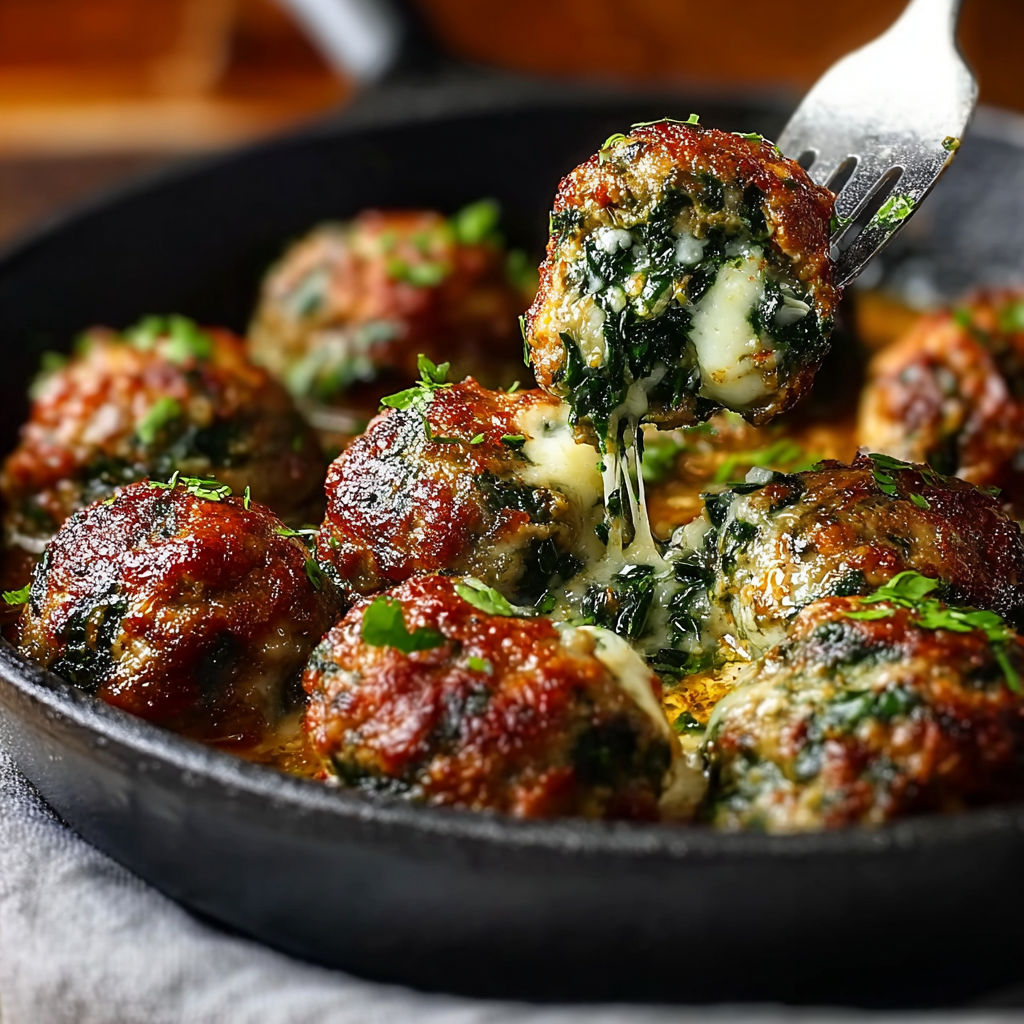 A pan of meatballs with spinach and garlic.