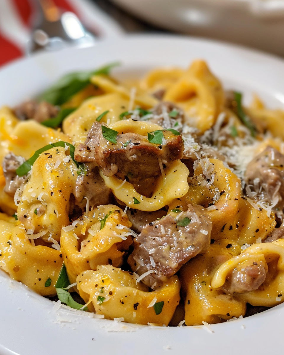 A bowl of pasta with meat and cheese.