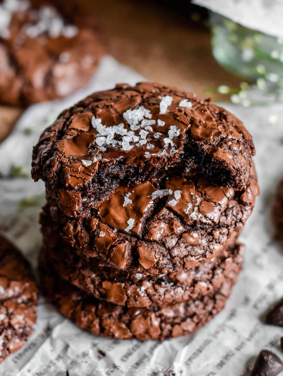 A close up of a chocolate cookie with white sugar on top.