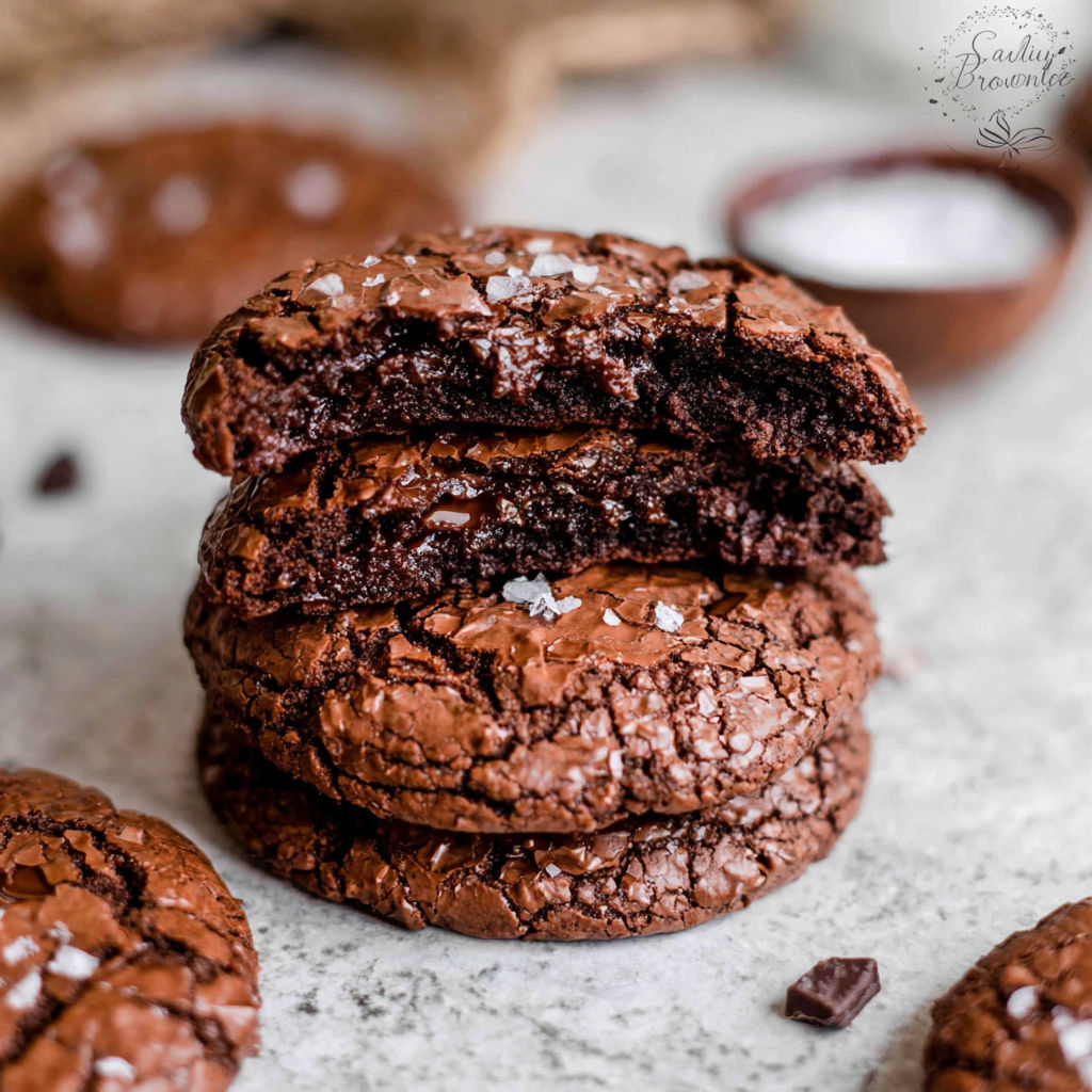 Salted brownie cookies on a table.