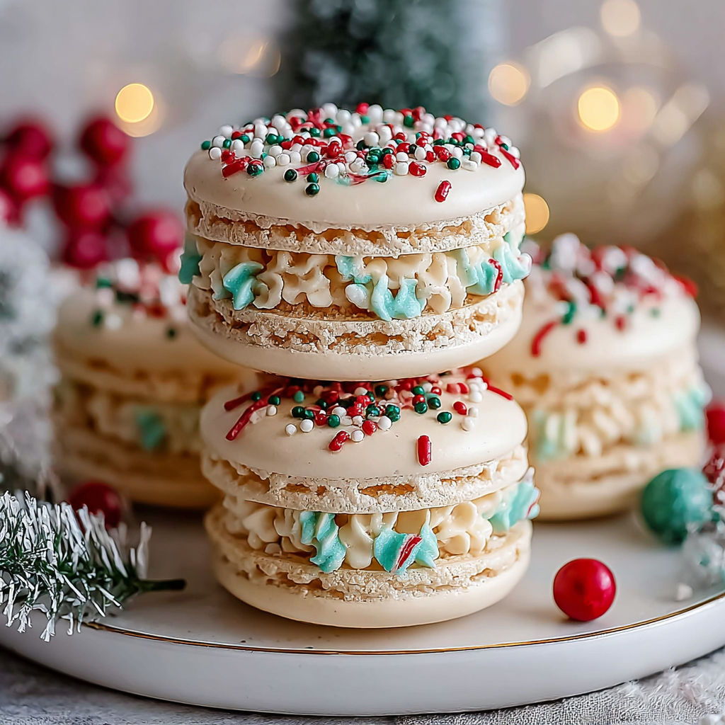A stack of Christmas tree cake macarons.