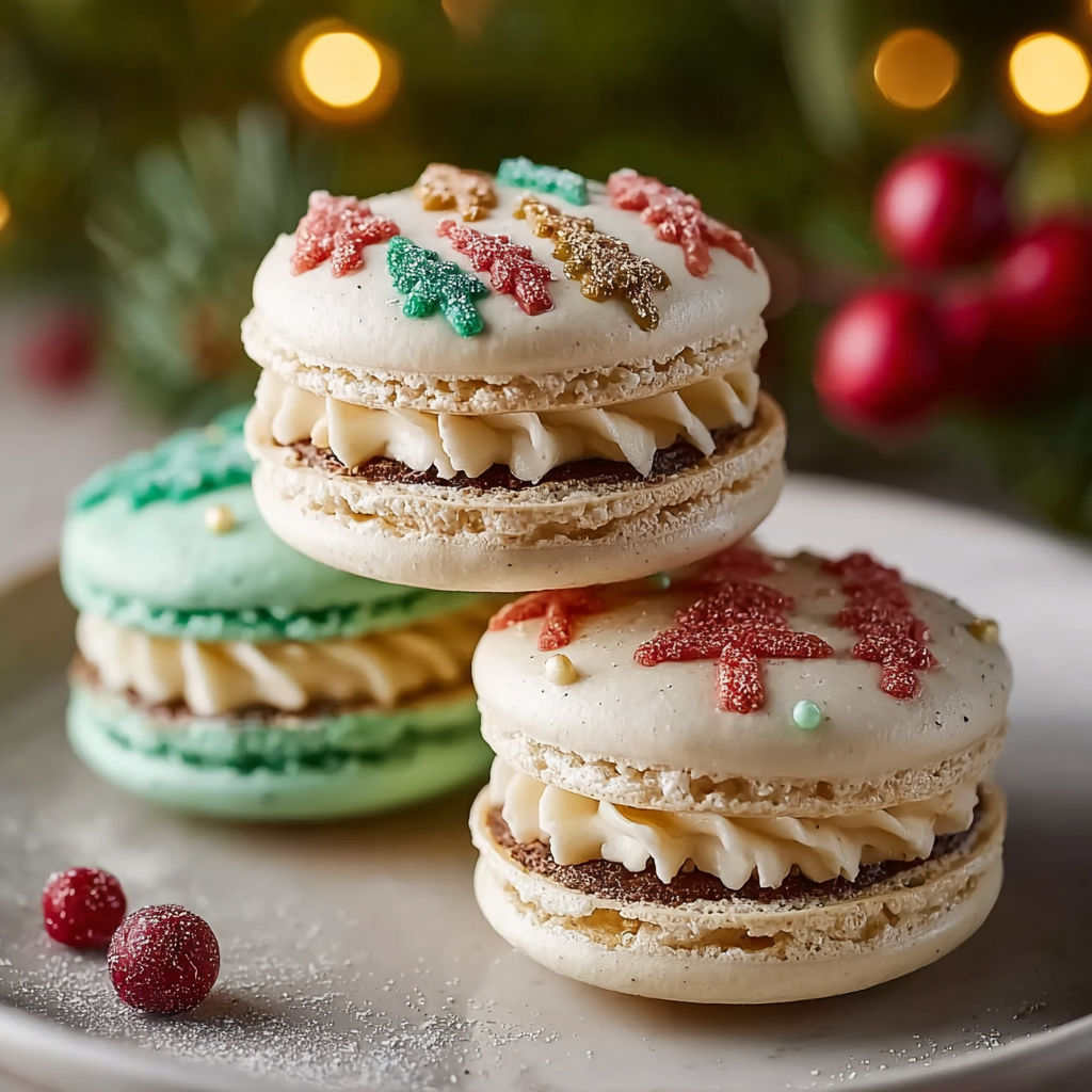 Macarons with Christmas tree decorations.
