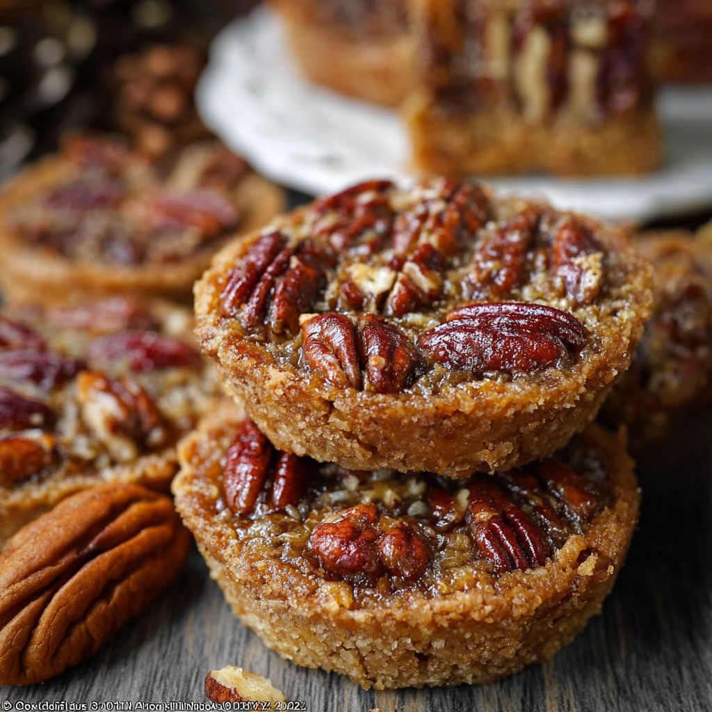 A stack of pecan pies on a table.