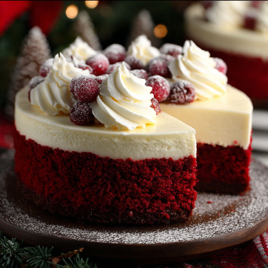 A slice of red velvet cheesecake with white frosting.