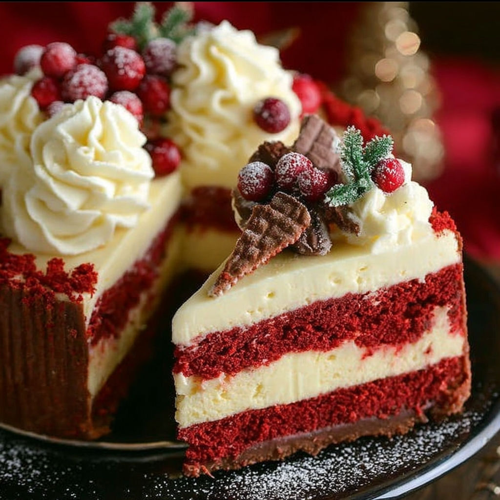 A slice of red velvet cake with white frosting and red berries.