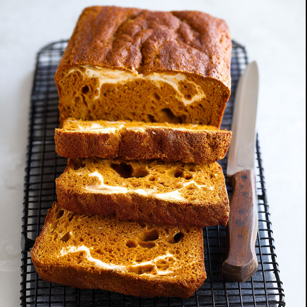 A knife is next to a loaf of pumpkin bread.