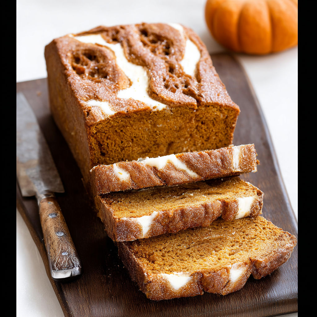 A loaf of pumpkin bread with cream cheese frosting.
