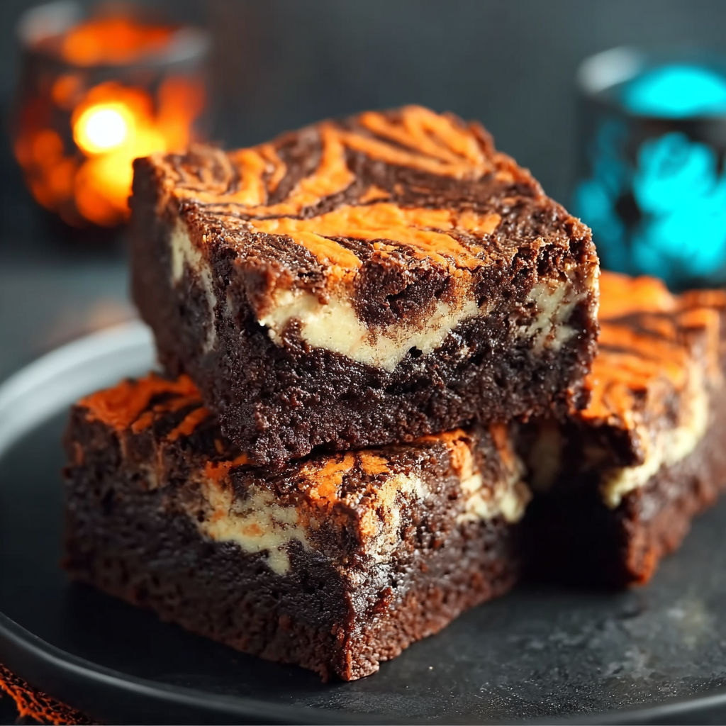 A plate of brownies with swirls of cream cheese.