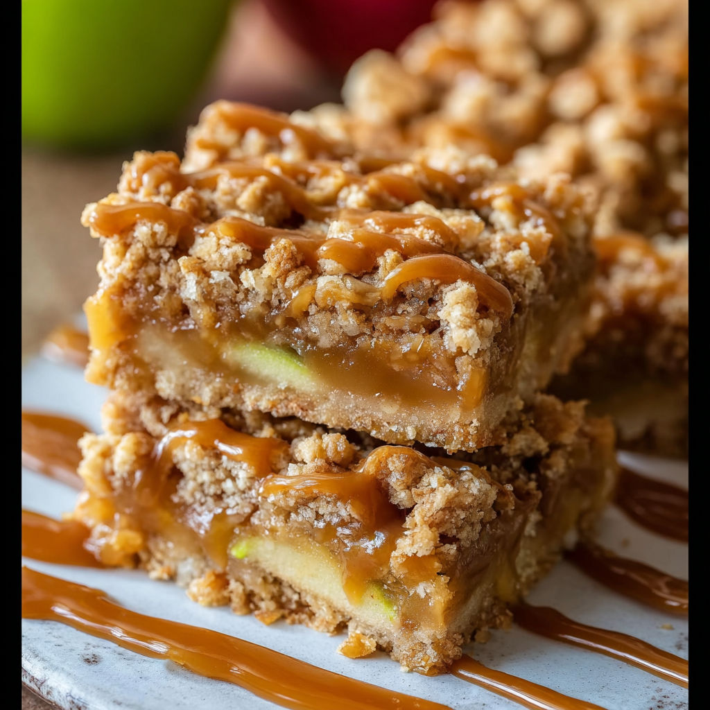 Salted caramel apple crisp bars on a plate.