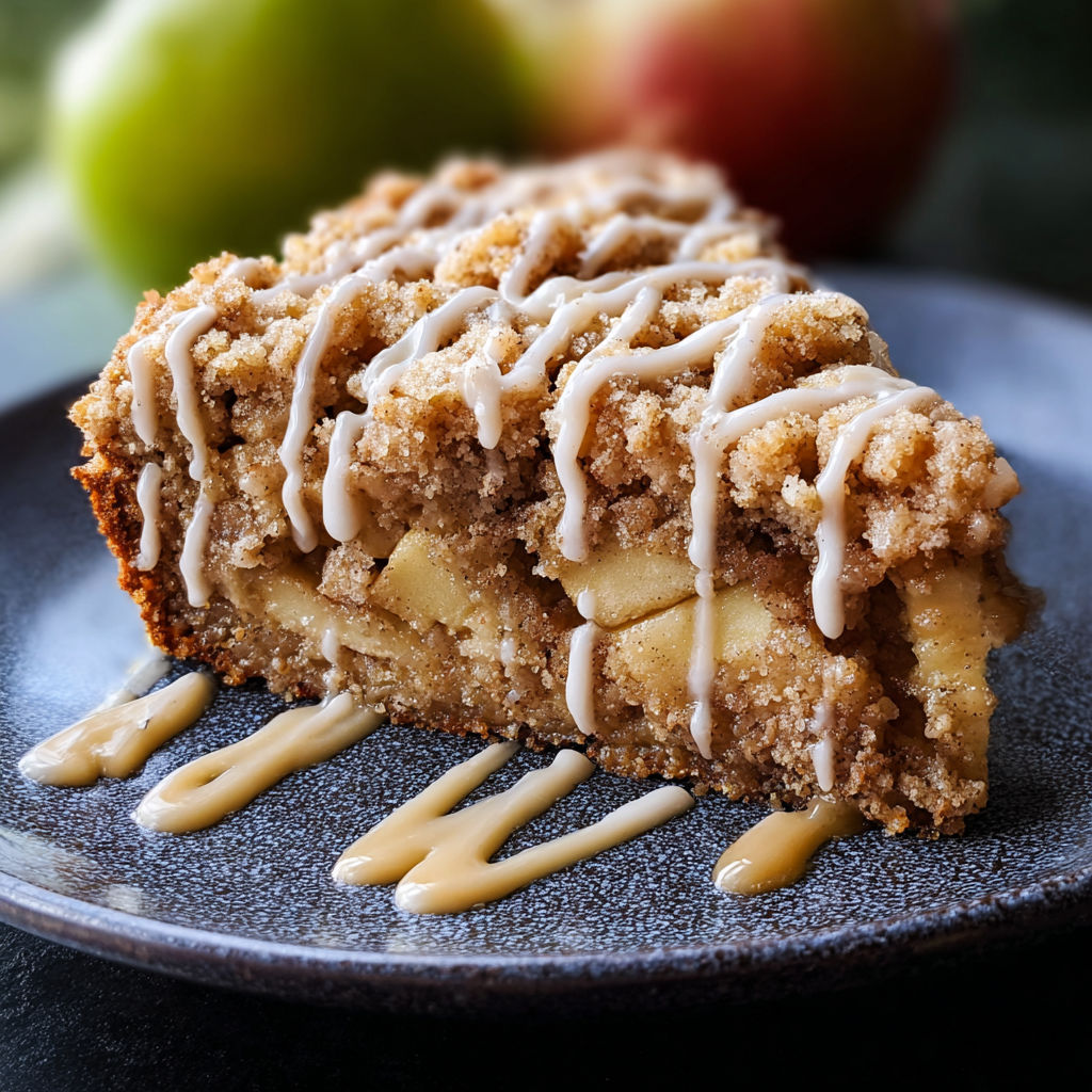 A slice of apple pie with caramel drizzled on top.