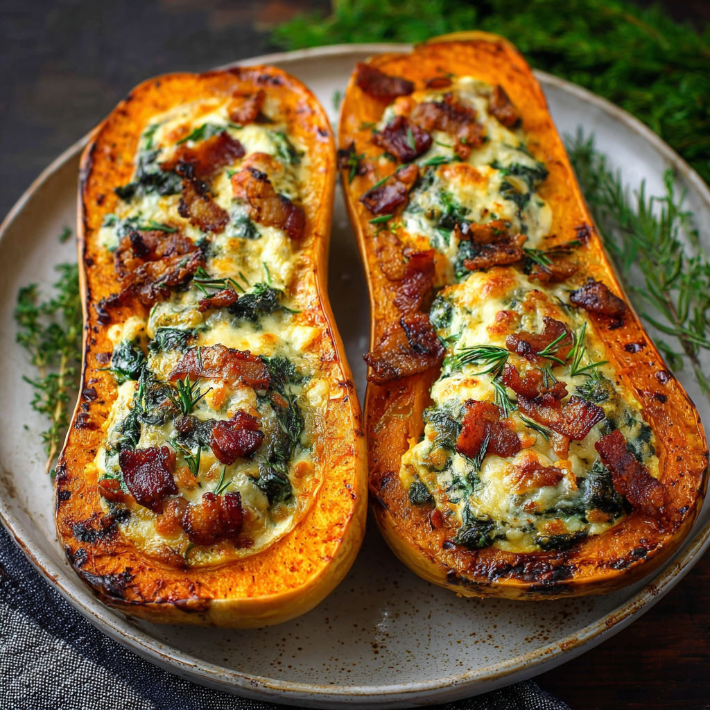 Two stuffed butternut squash on a plate.