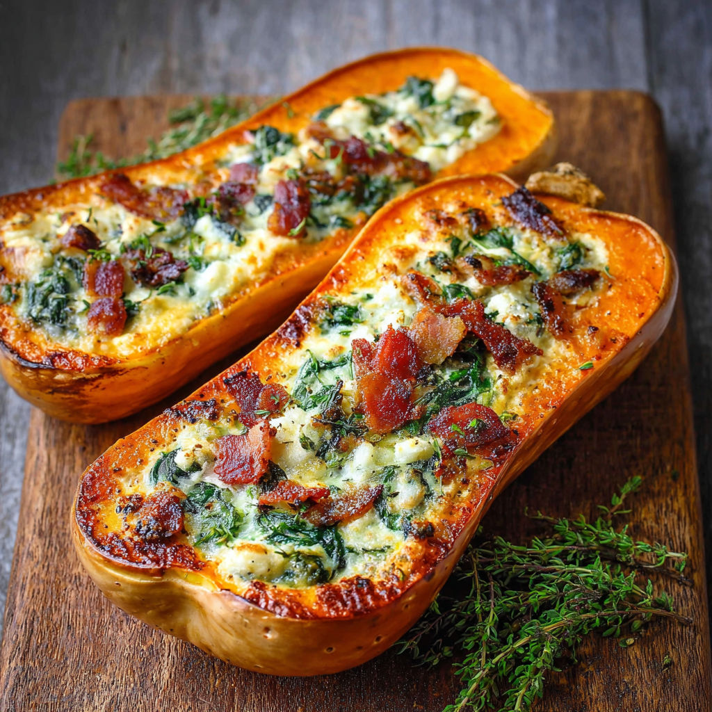 Two slices of pumpkin pie with bacon and spinach.