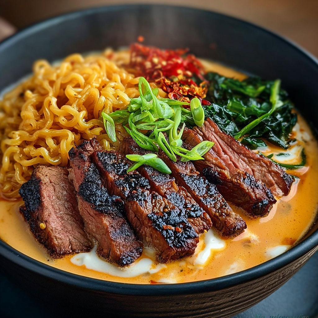 A bowl of spicy Korean ramen with grilled beef and creamy sauce.