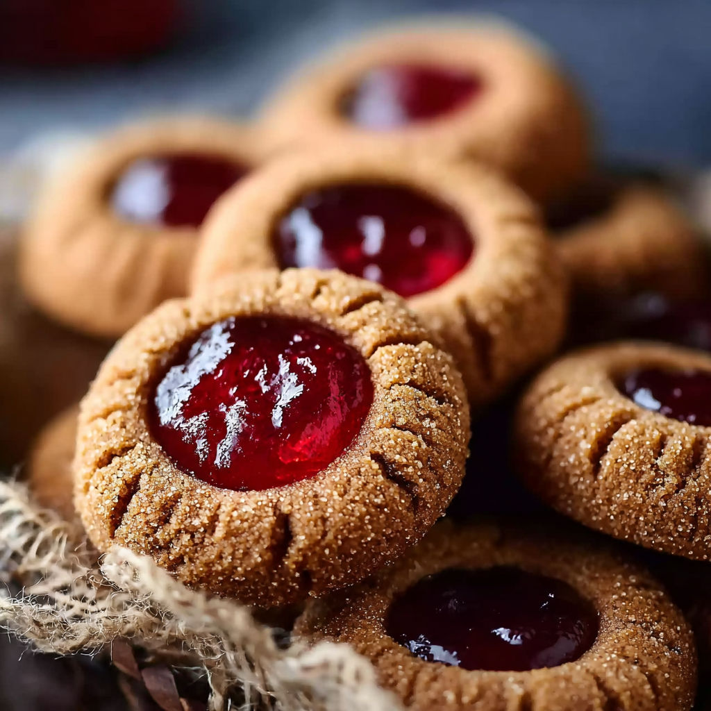 A close up of a gingerbread thumbprint cookie with cranberry jam.