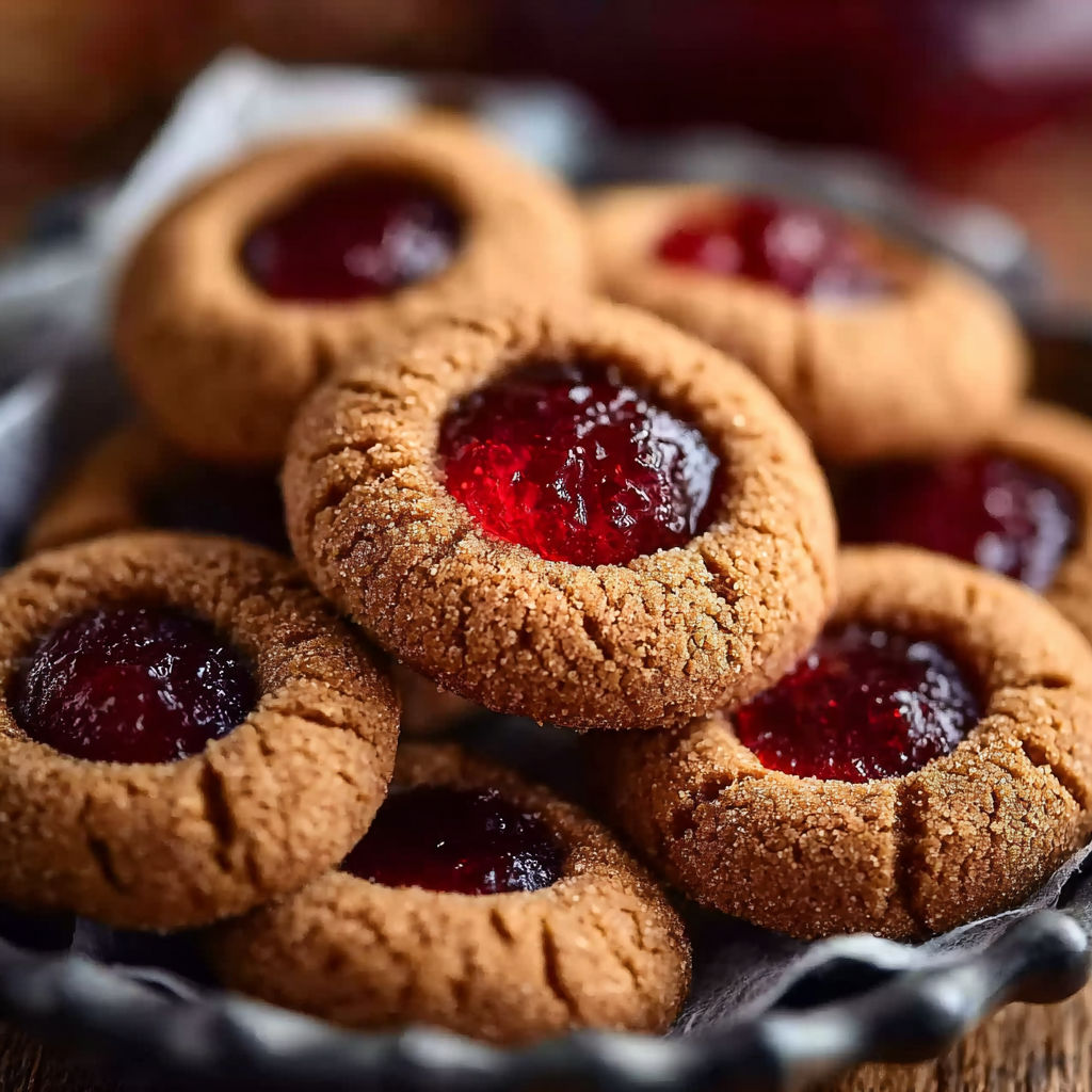 A plate of gingerbread cookies with cranberry jam.