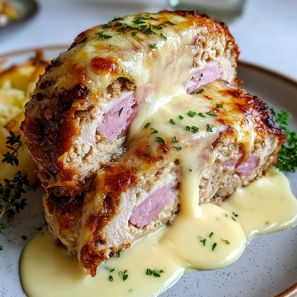A piece of chicken cordon bleu meatloaf.