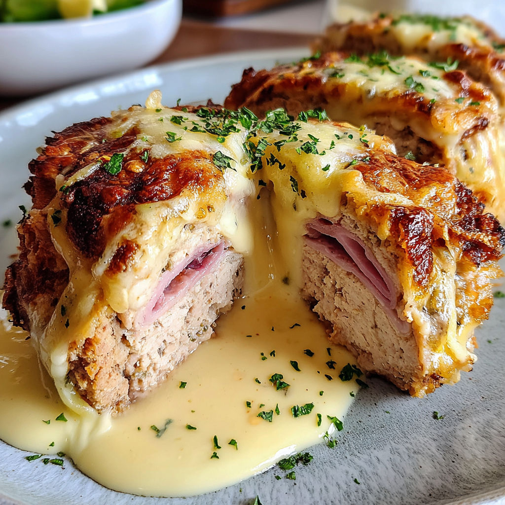 A piece of chicken cordon bleu with cheese on top.