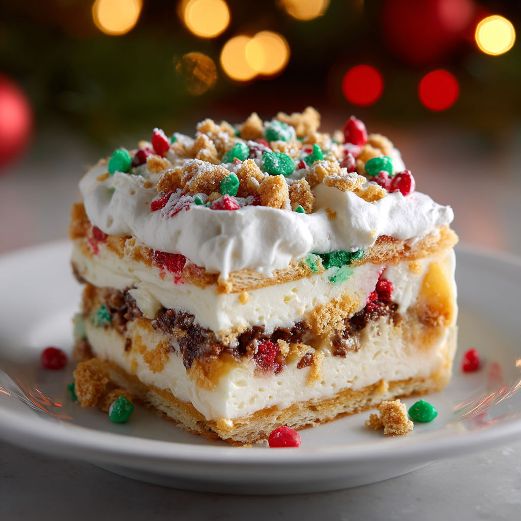 A dessert with white frosting and red and green sprinkles.