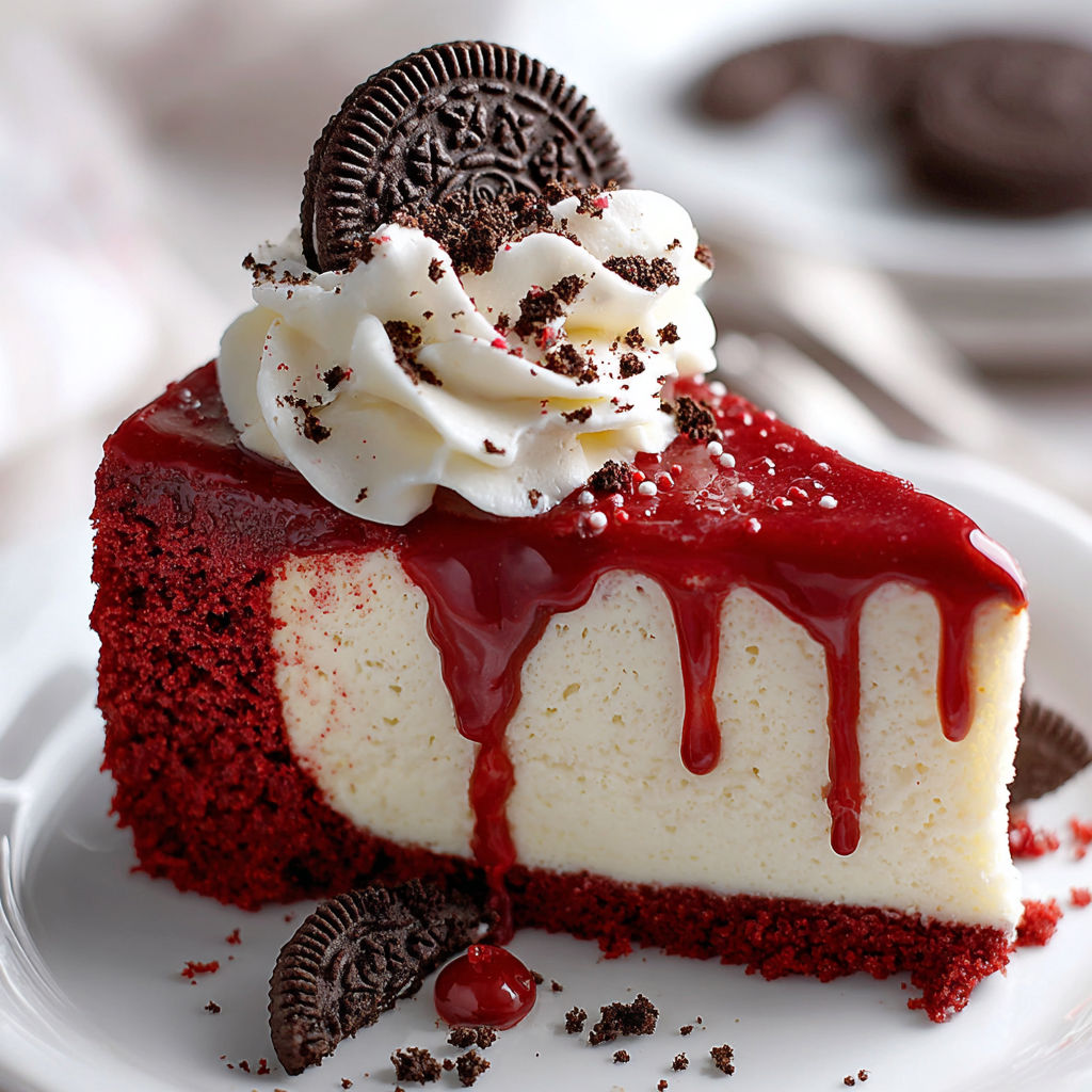 A slice of red velvet cheesecake with white whipped cream and chocolate chips.