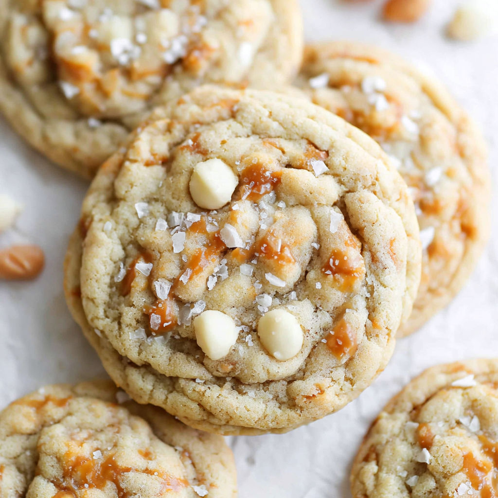 A close up of a cookie with white chocolate chips.