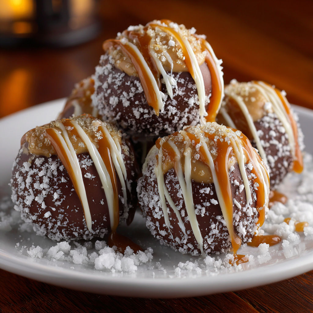 Chocolate peanut butter snowballs with caramel drizzle.
