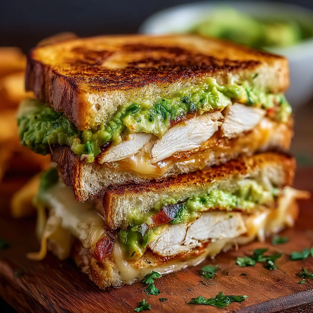 A chicken avocado melt sandwich on a wooden table.