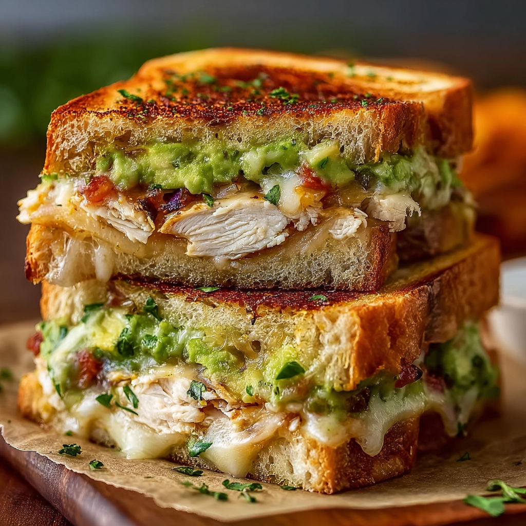 A sandwich with chicken and avocado on a piece of paper.