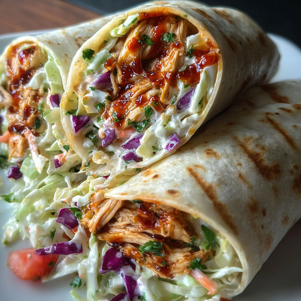 Two BBQ chicken coleslaw wraps on a plate.