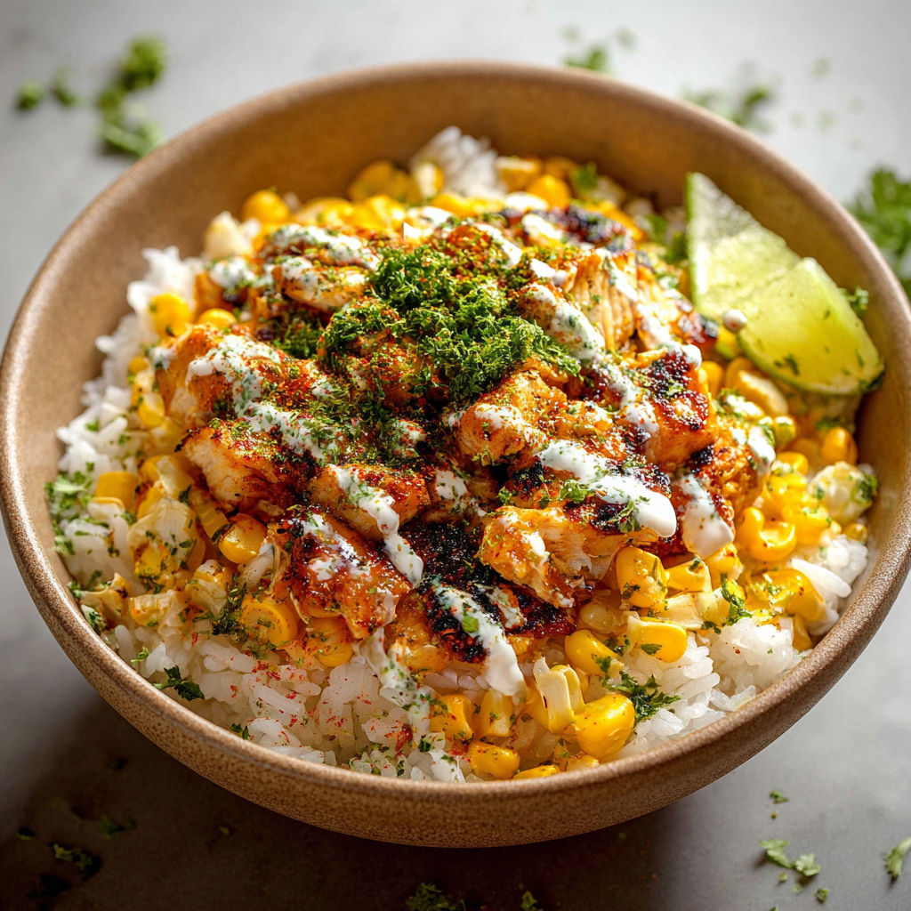 A bowl of food with rice, corn, and meat.