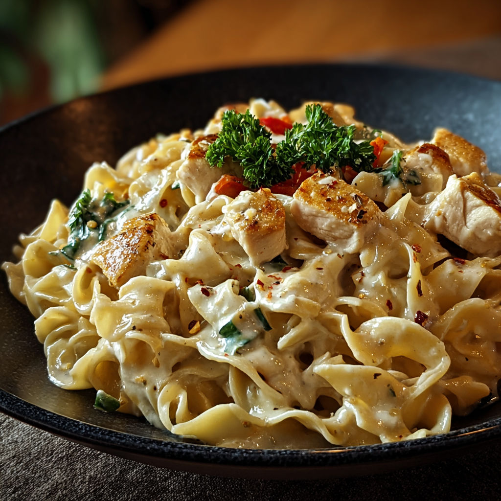 A plate of chicken and noodles.