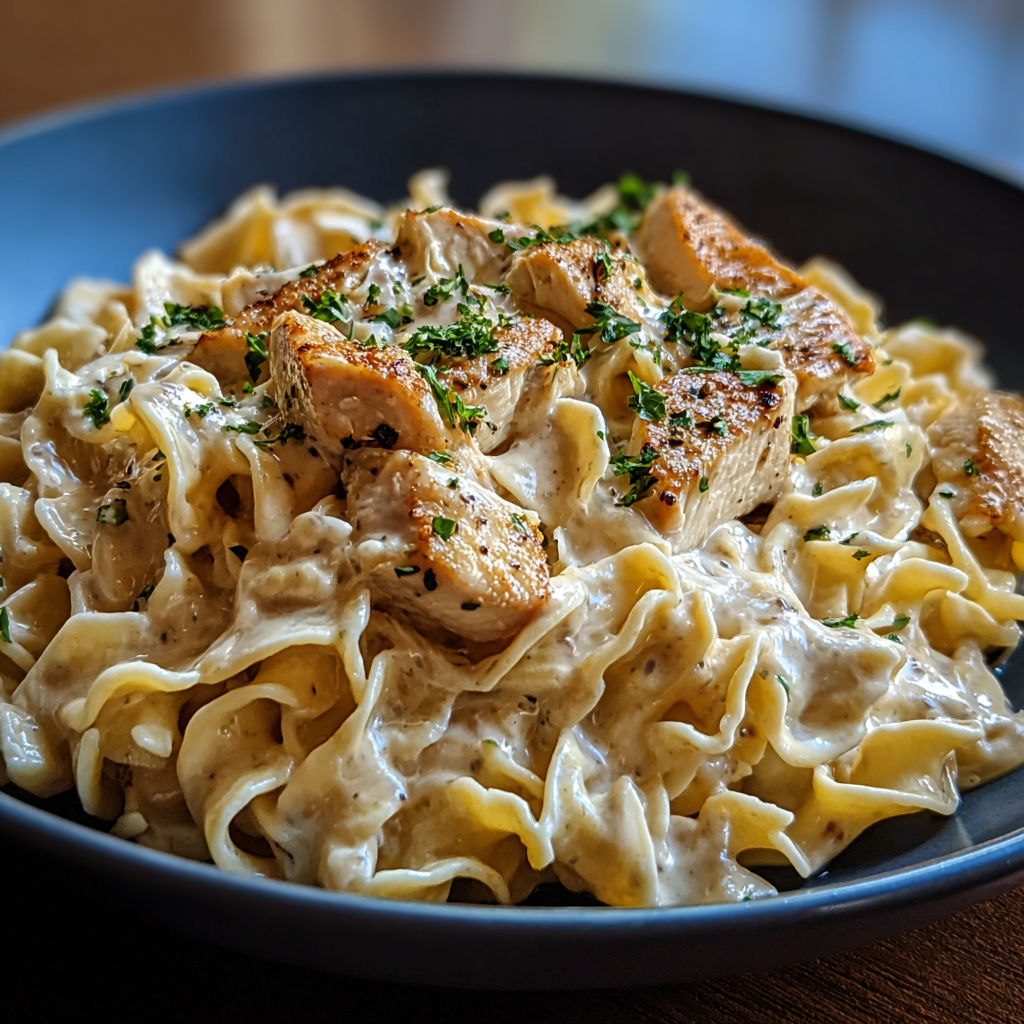 A plate of chicken and noodles.