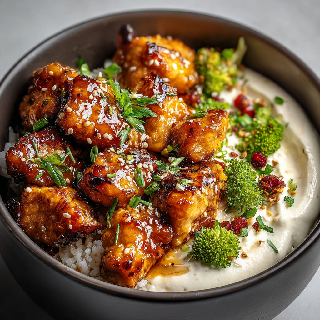 A bowl of food with chicken, rice, and broccoli.