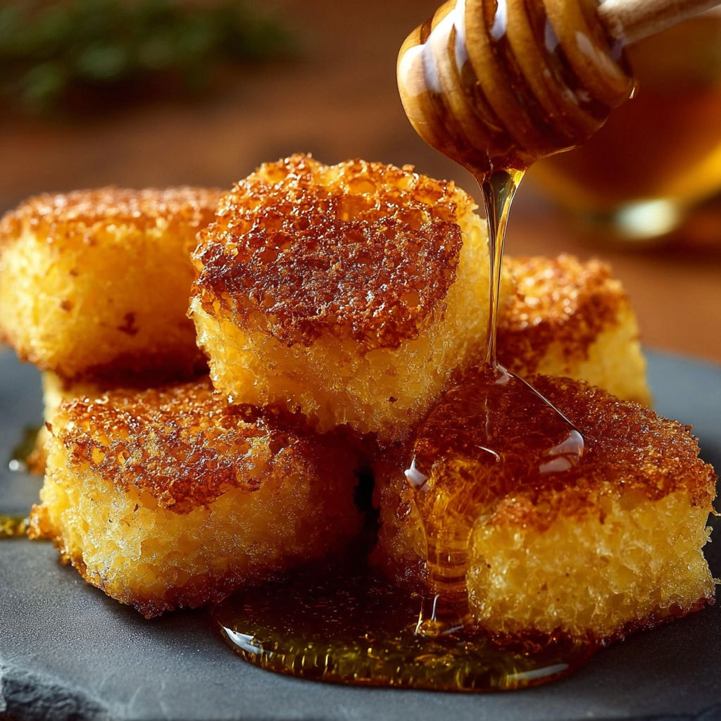 A honey glazed pastry is being drizzled with honey.