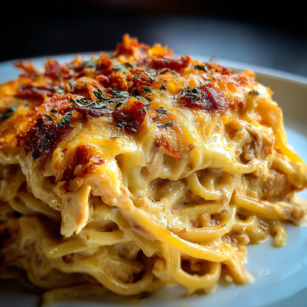A plate of spicy southern cheesy chicken spaghetti casserole.