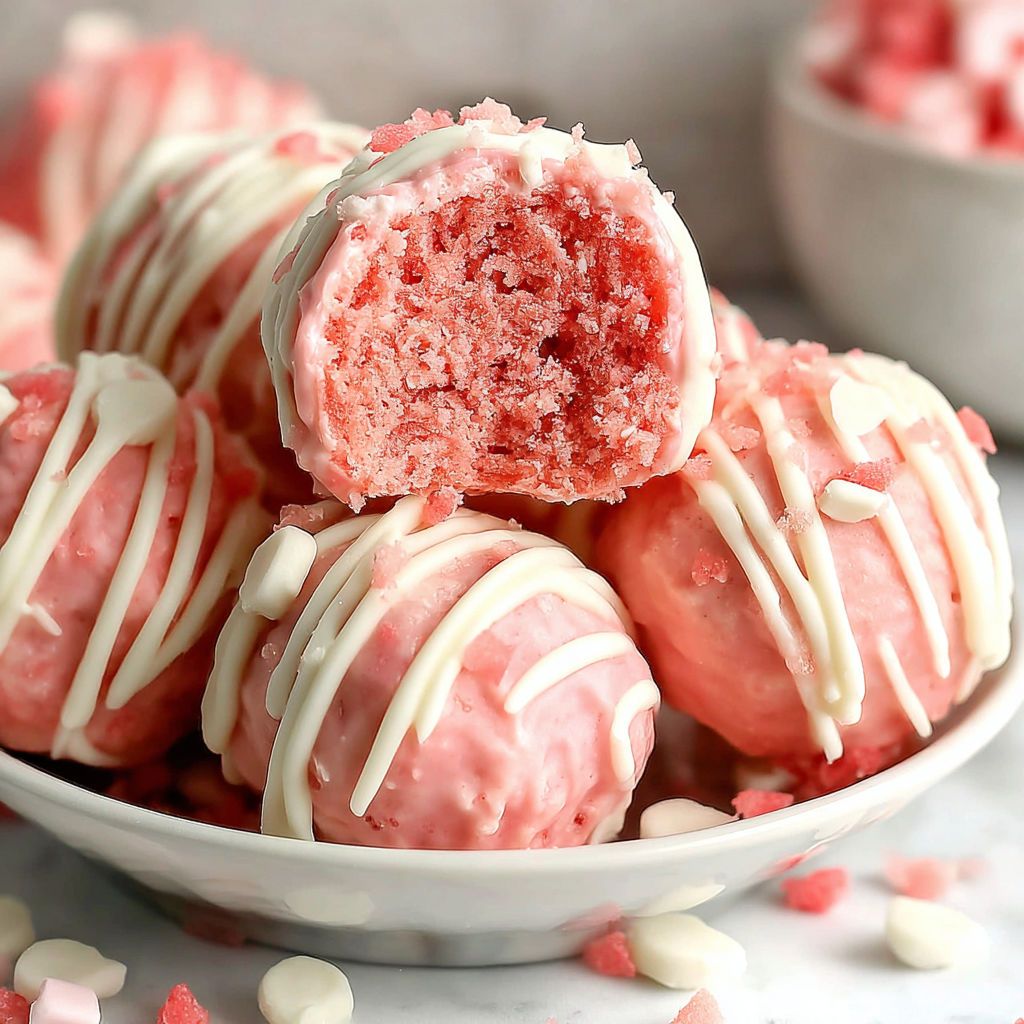 A bowl of pink and white strawberry cheesecake bites.