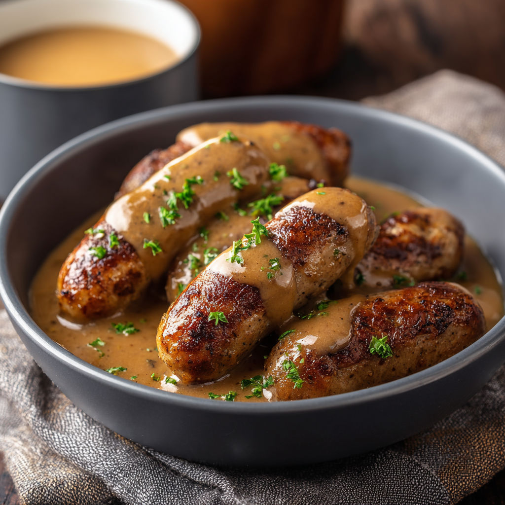 A bowl of sausage covered in brown gravy.