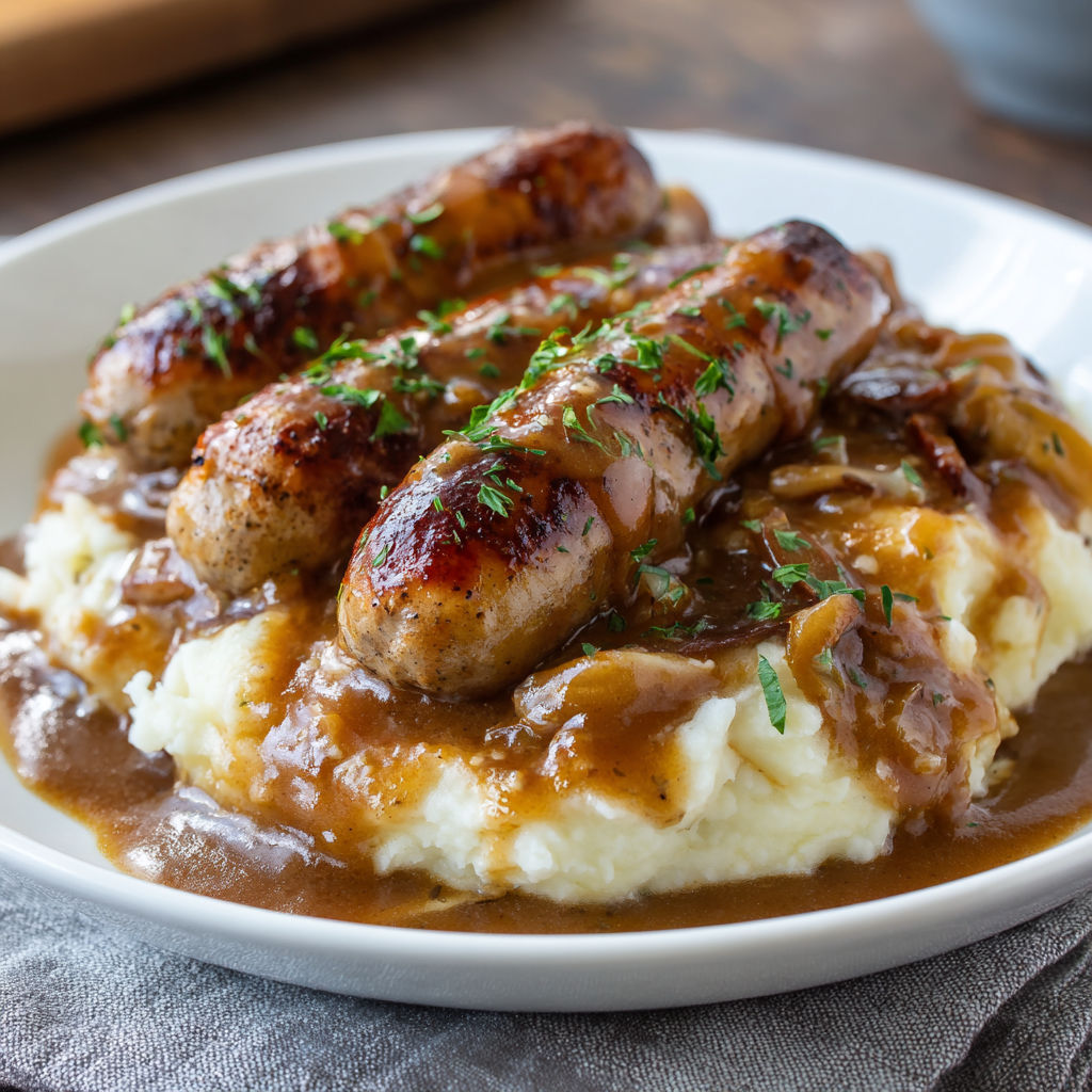 A plate of food with sausage and gravy.