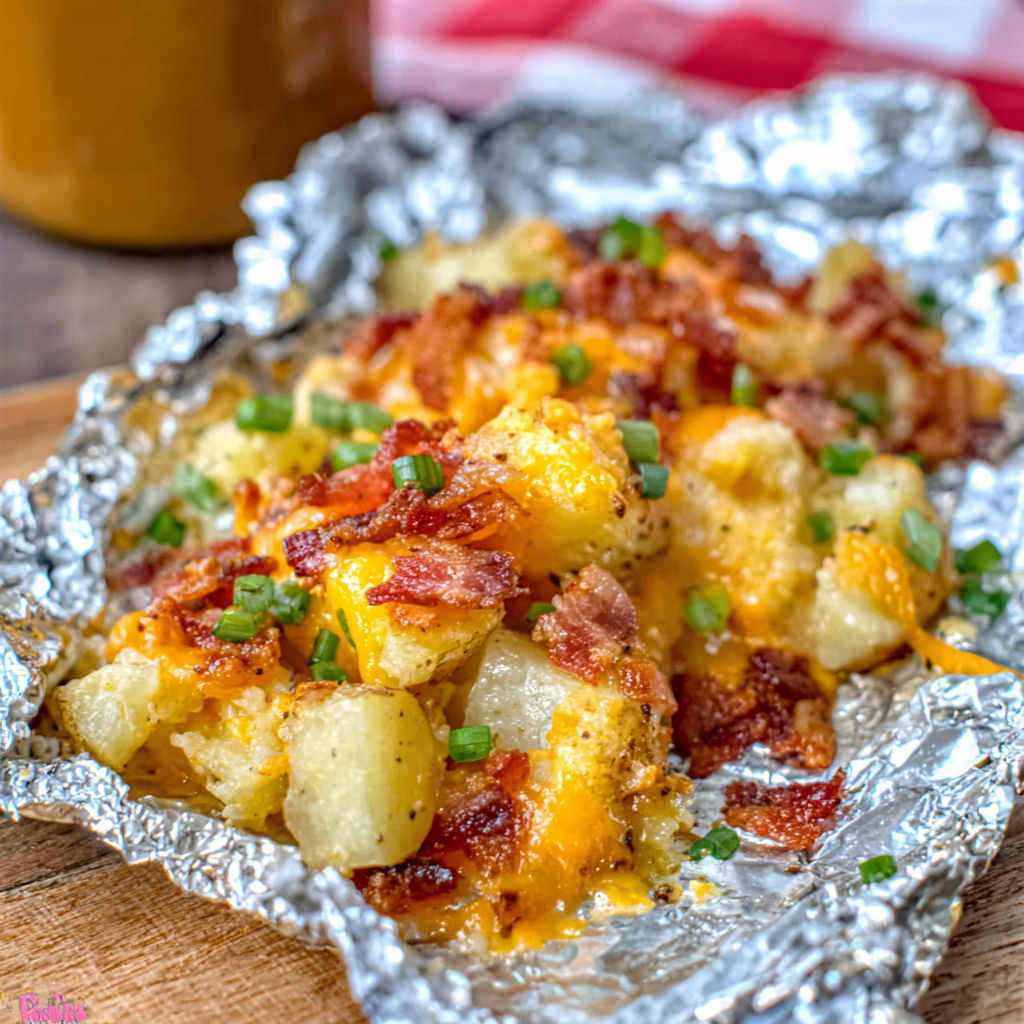 A close up of a cheddar bacon potato packet.