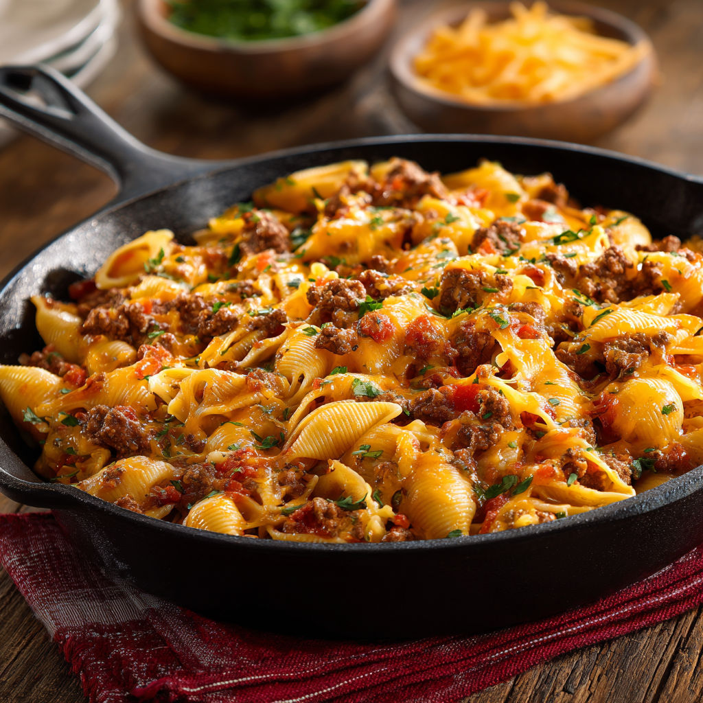 A delicious cheesy beef and shells casserole.