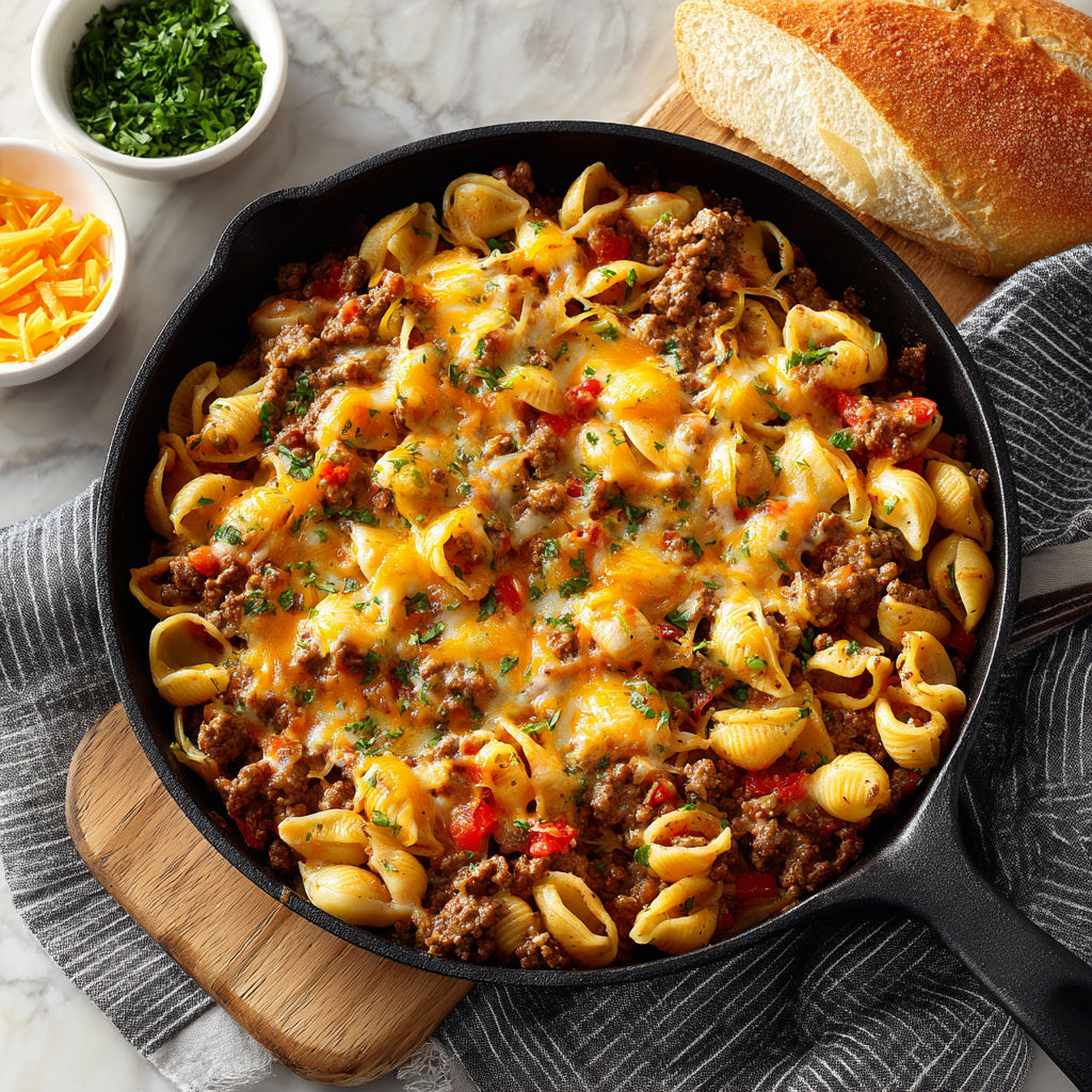 A cheesy beef and shells casserole in a black skillet.