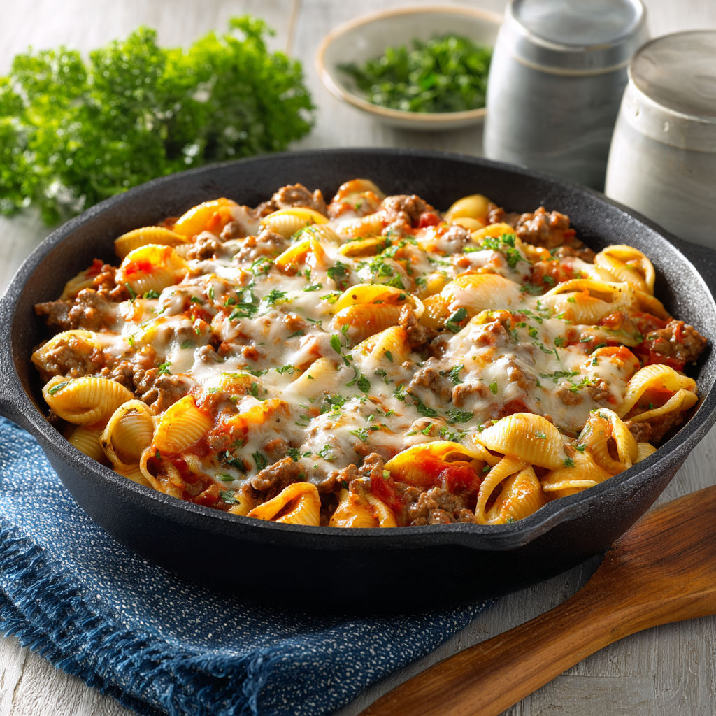 A delicious cheesy beef and shells casserole.
