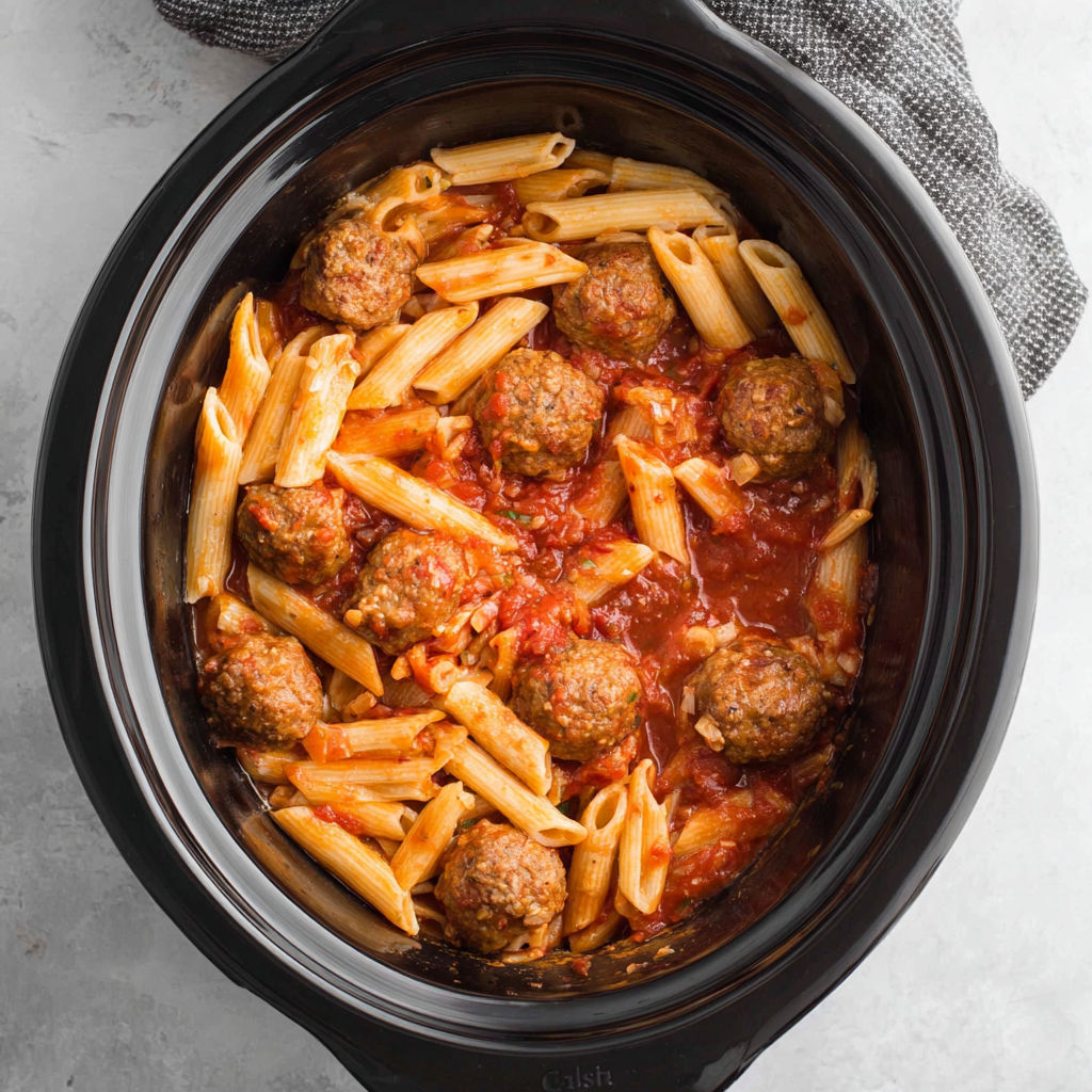 A crockpot filled with pasta and meatballs.