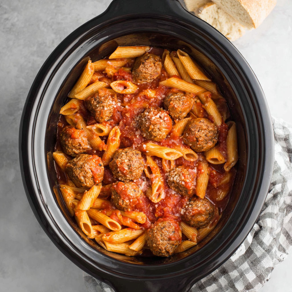 A crockpot filled with pasta and meatballs.