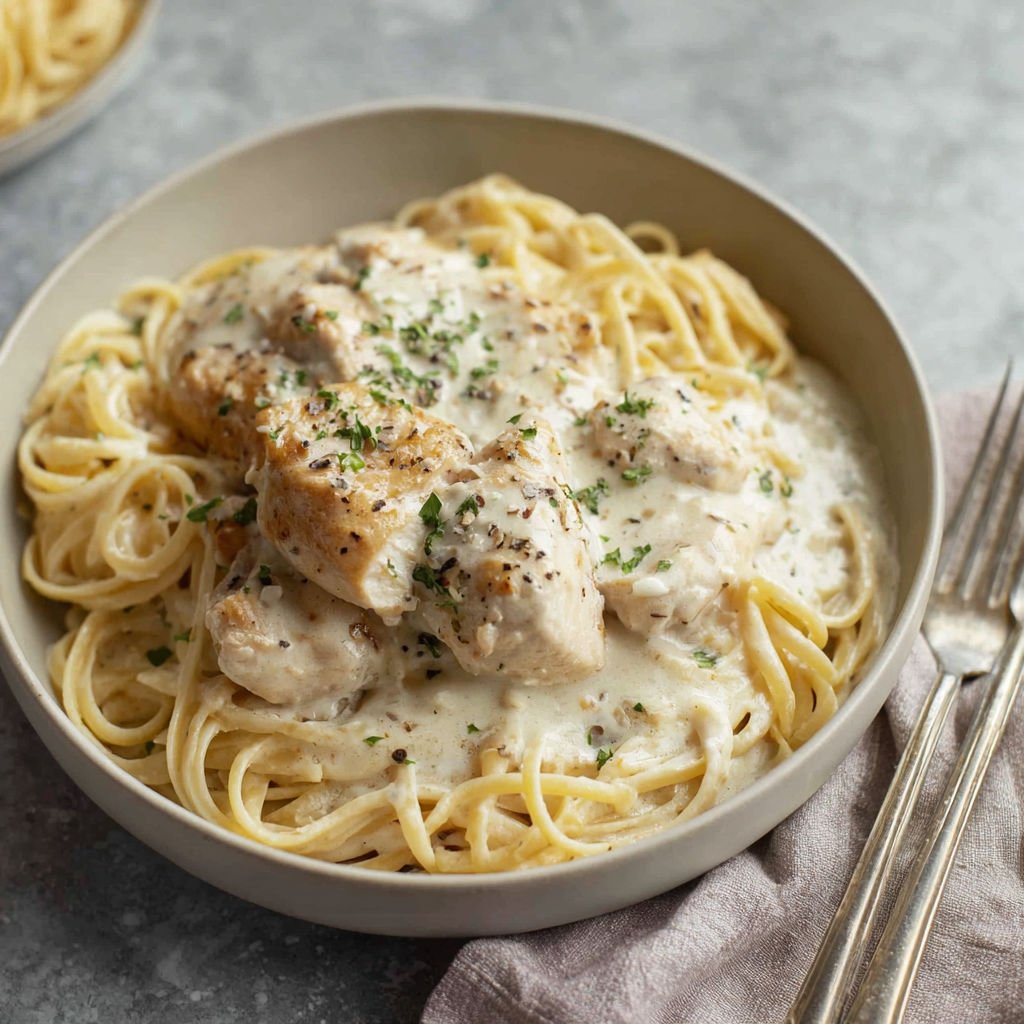 A bowl of creamy angel chicken pasta.