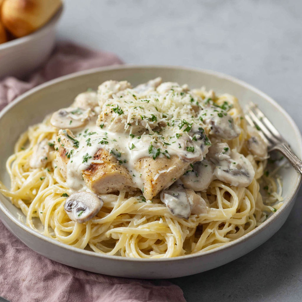 A bowl of creamy angel chicken pasta.