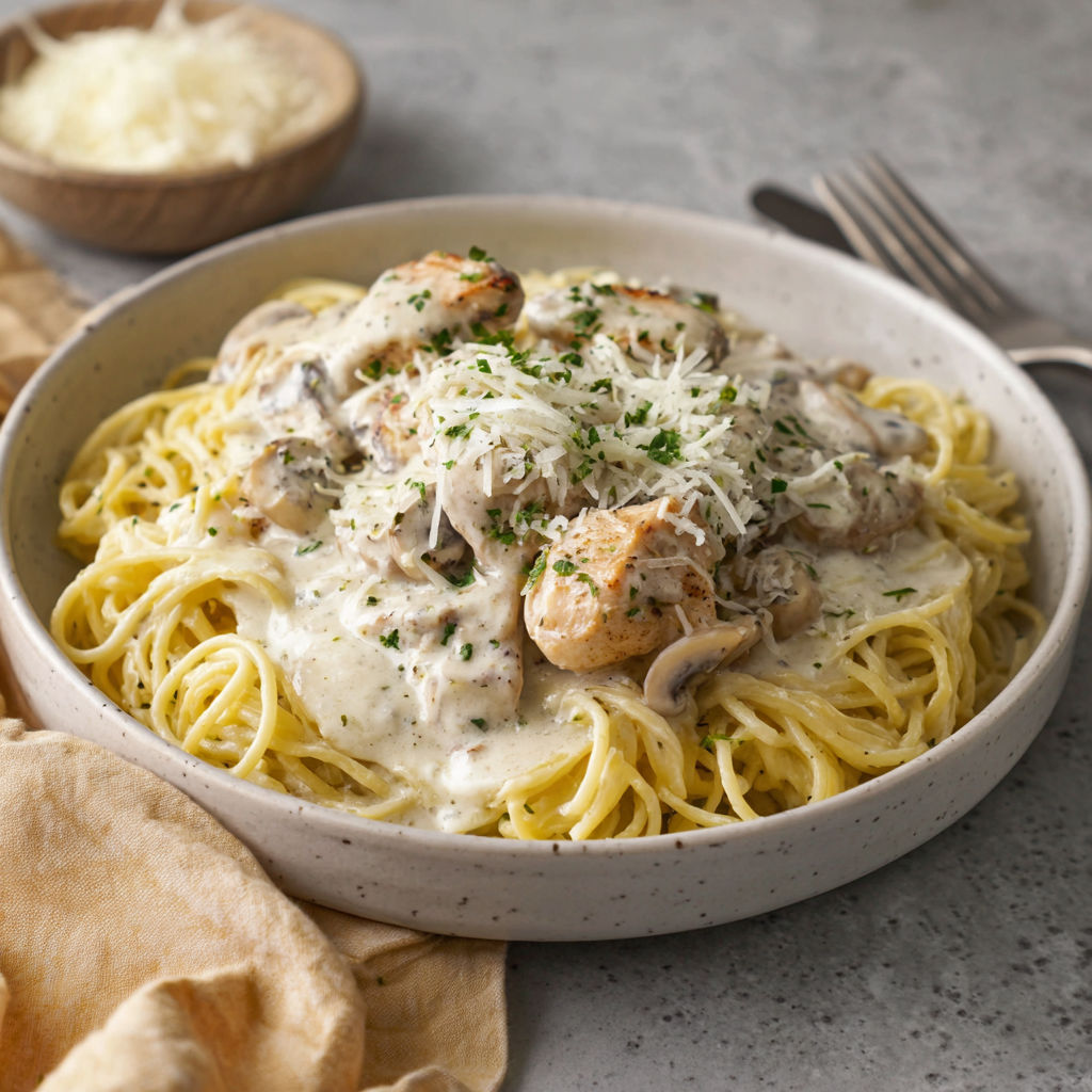 A bowl of creamy angel chicken pasta.