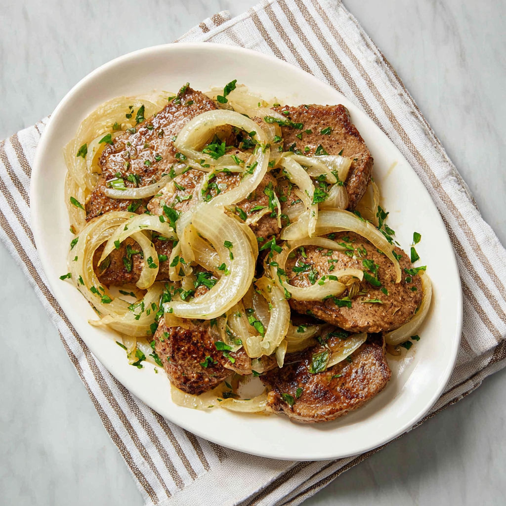 A white plate with meat and onions.