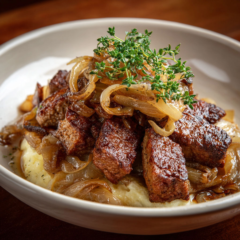 A plate of meat and onions.